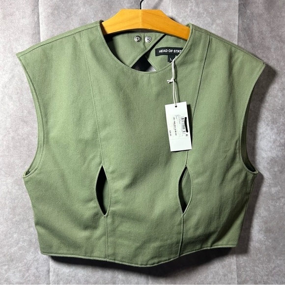Head of State NWT sz LARGE Green Cutout Denim Crop Top Vest - Picture 5 of 10